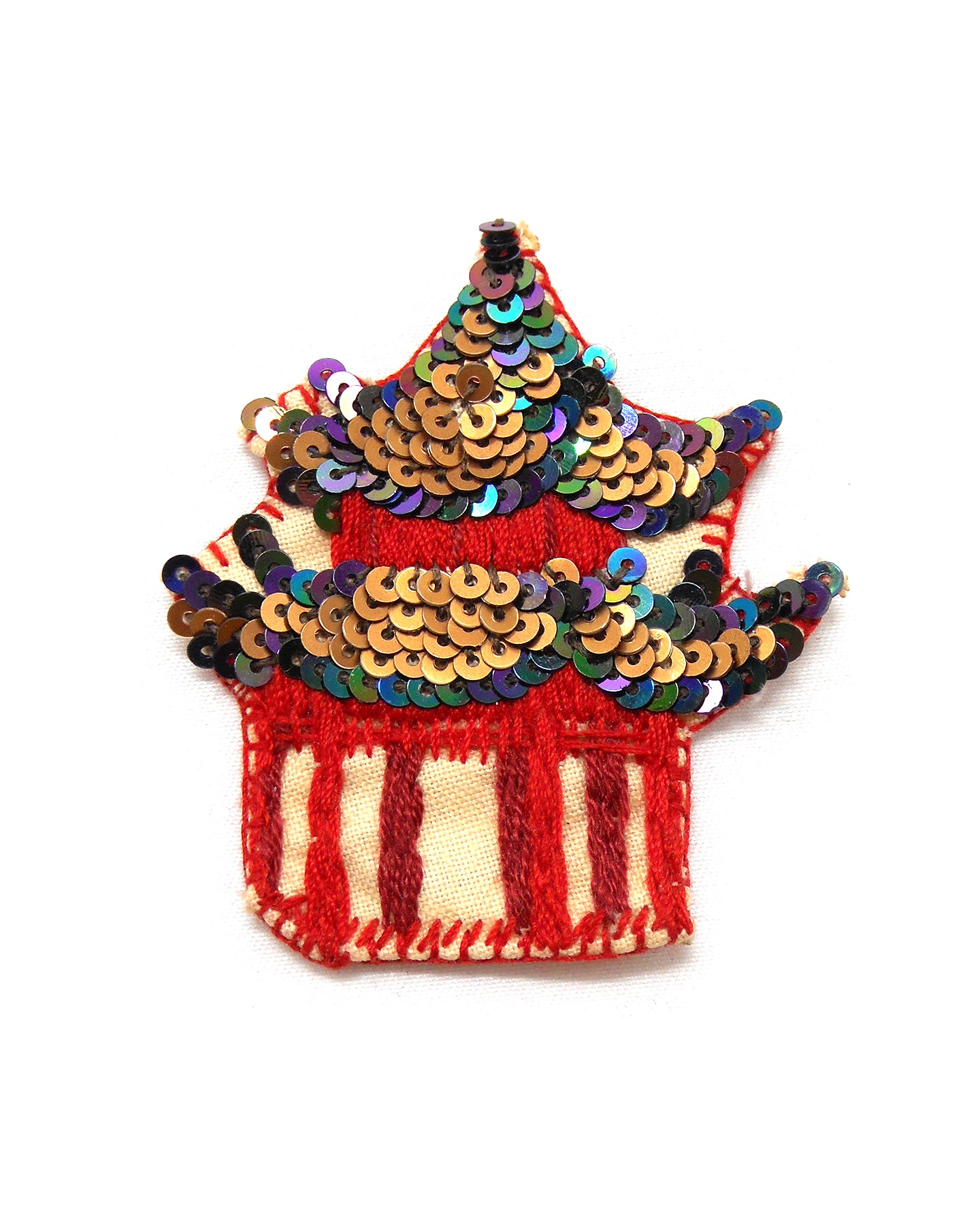 Broche brodée main inspiration chinoise - PORTE DU PARADIS ou TEMPLE CHINOIS
