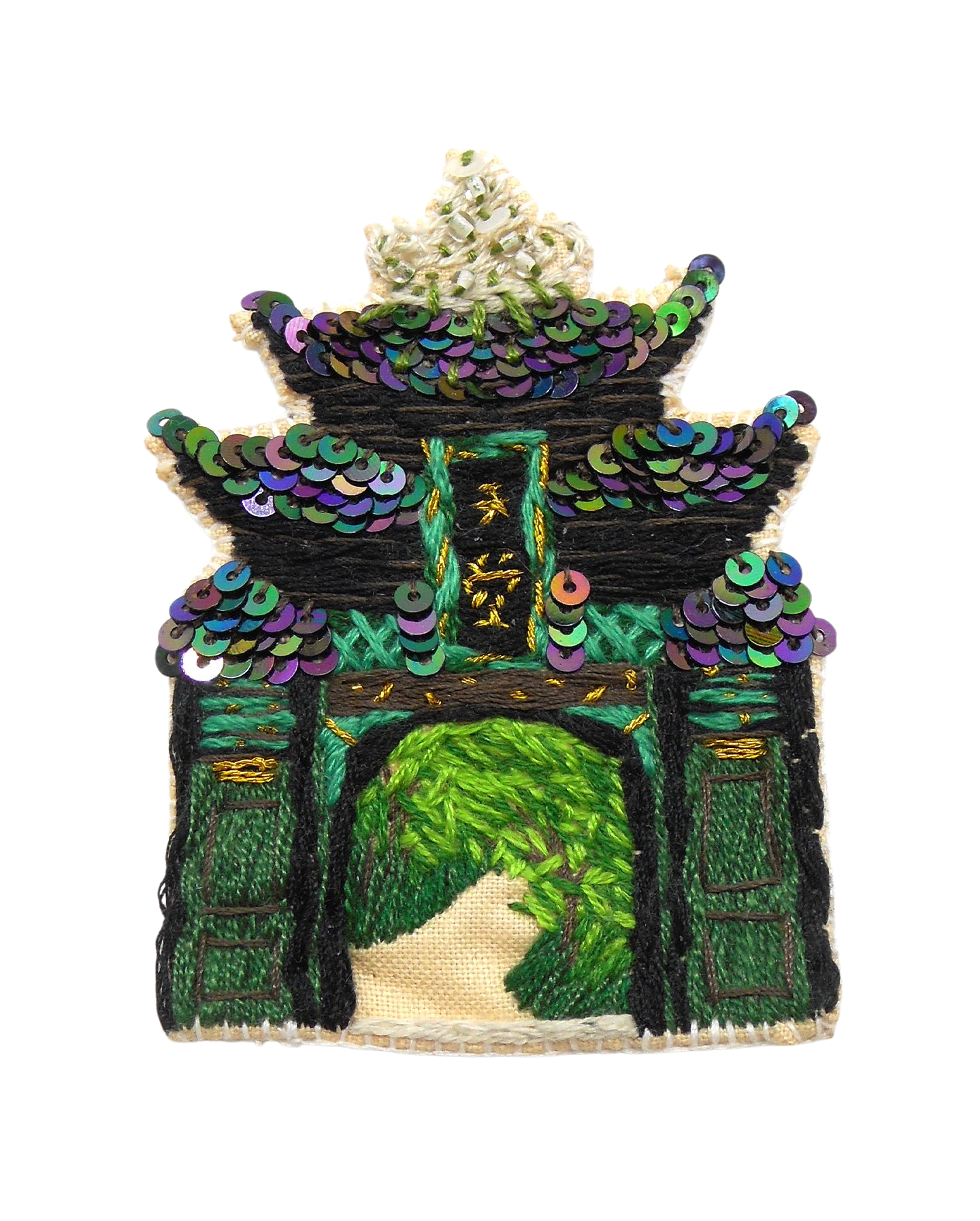 Broche brodée main inspiration chinoise - PORTE DU PARADIS ou TEMPLE CHINOIS