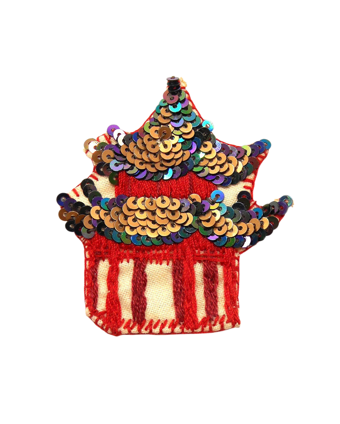 Broche brodée main inspiration chinoise - PORTE DU PARADIS ou TEMPLE CHINOIS