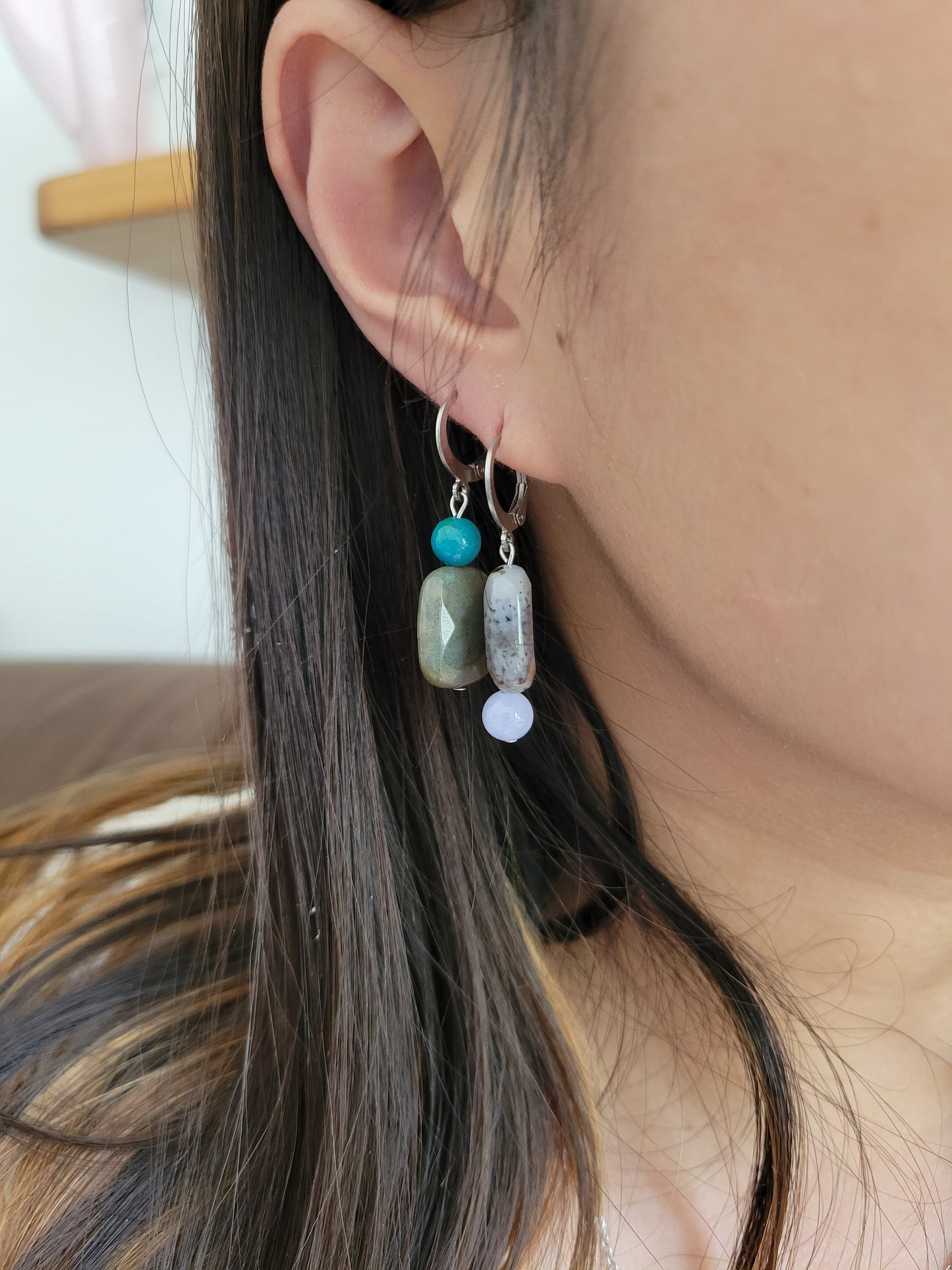 Boucles d'oreilles rectangle agate indienne et autre - BERTILLE/BERTA