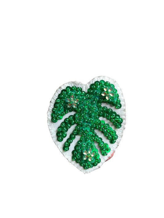 Broche brodée main sequins - MONSTERA VERT