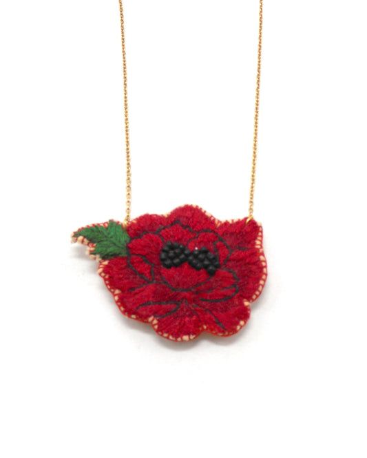 Collier long brodé main - FLEUR CHINOISE ROUGE