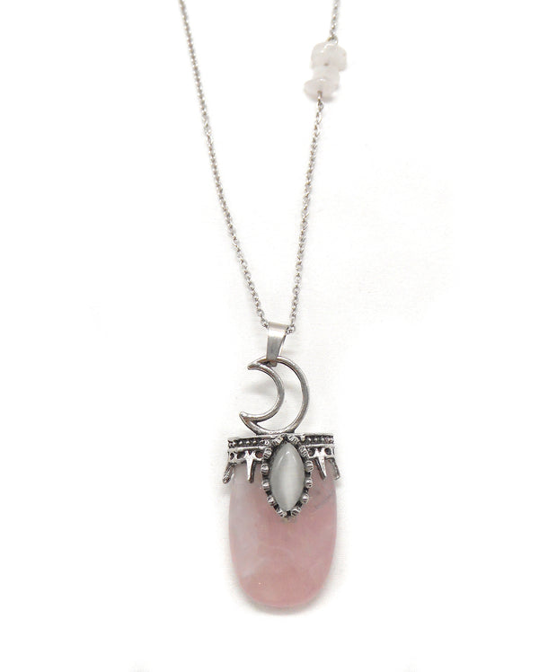 IMENE collier talisman lune quartz rose long