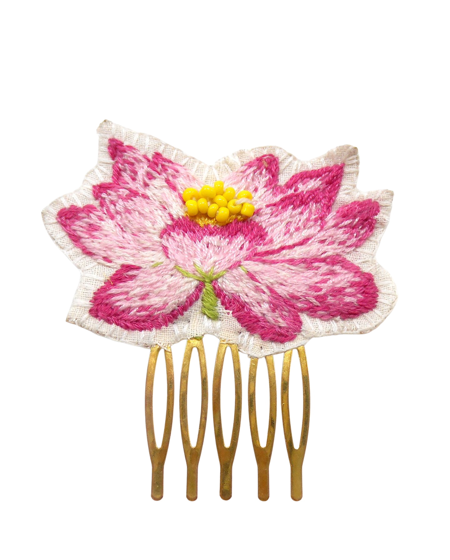 Peigne brodé main fleur - LOTUS D'ORIENT ROSE