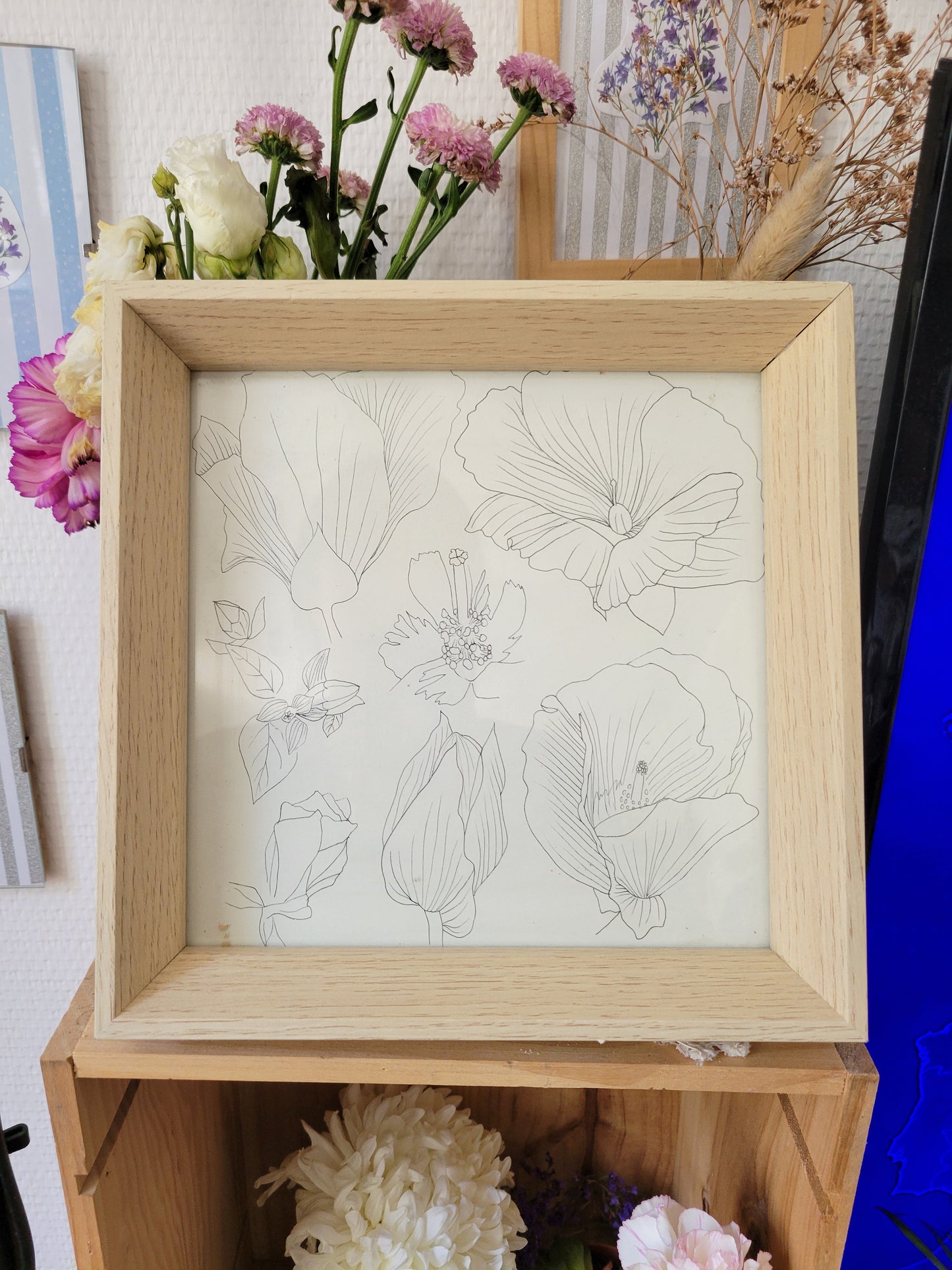 Cadre en bois & illustration dessinée à la main unique et originale - 21x21cm