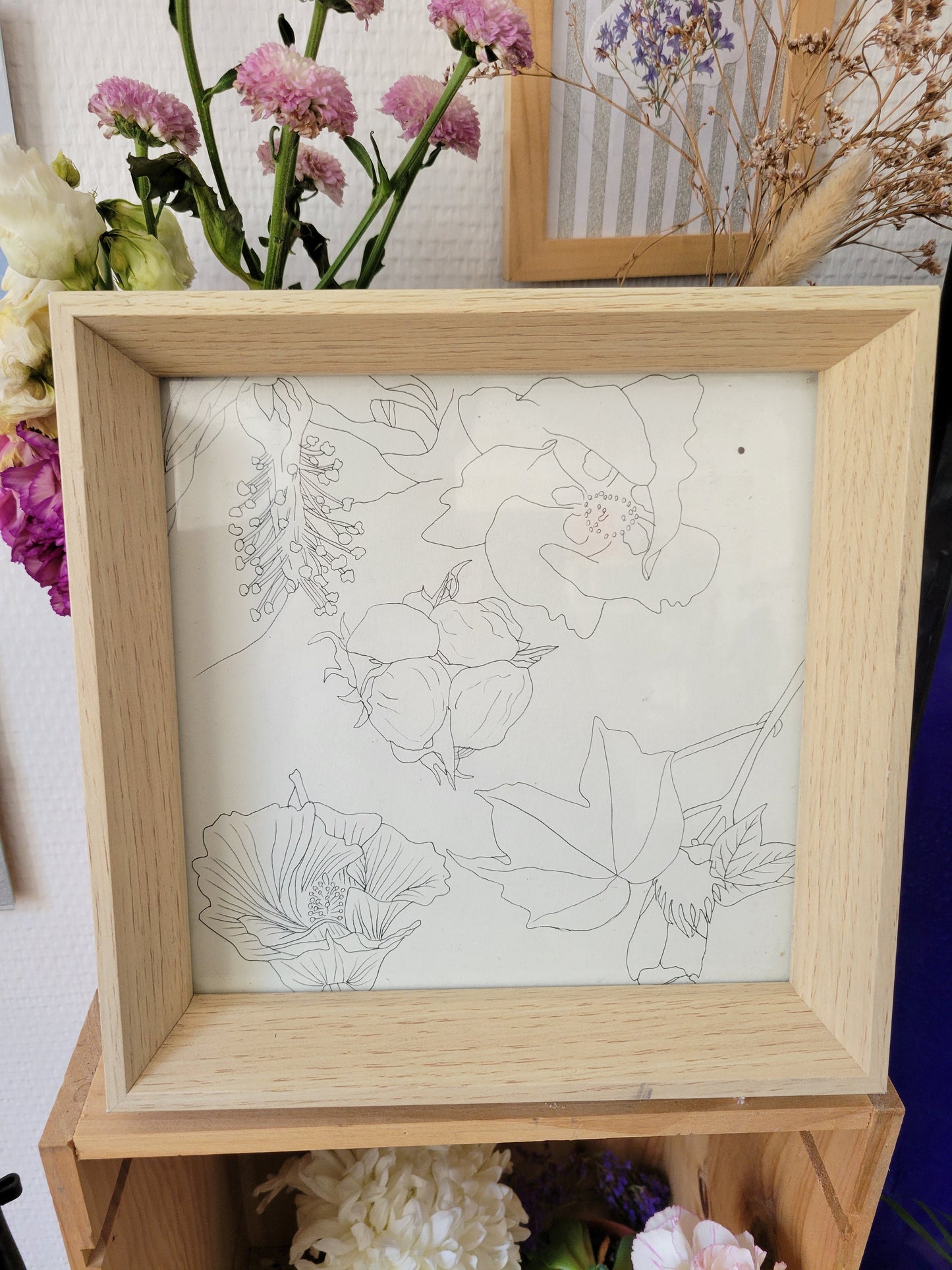 Cadre en bois & illustration dessinée à la main unique et originale - 21x21cm