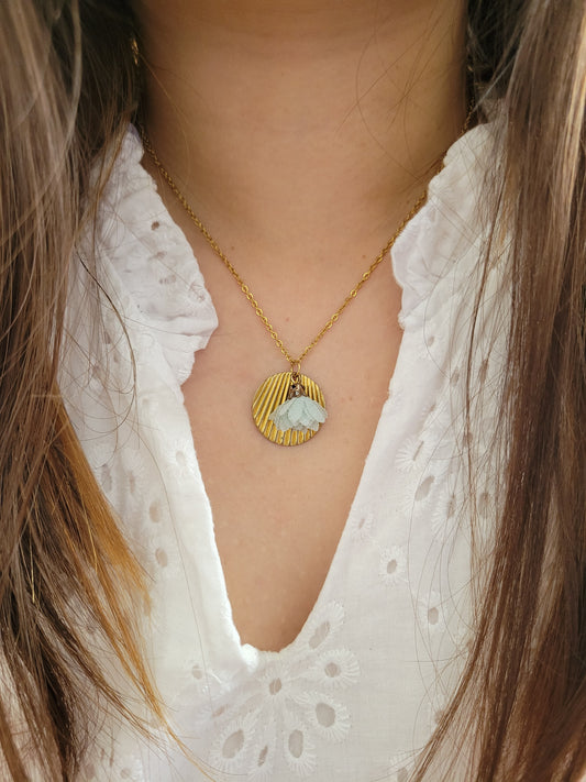 Collier sequin strié et pompon fleur/pierre - KENDA/KENDALL