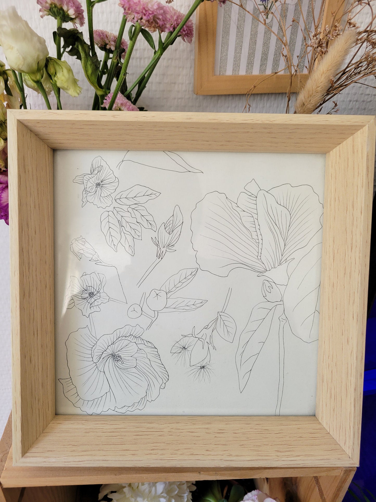 Cadre en bois & illustration dessinée à la main unique et originale - 21x21cm